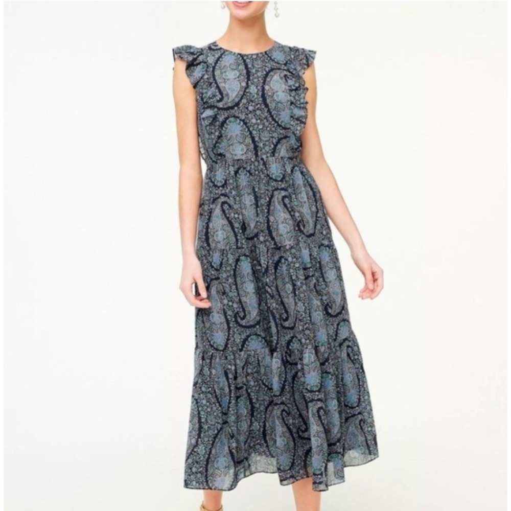 J.Crew Women Navy Blue Paisley Ruffle Tiered Midi Dress BO663 Size 4 NEW